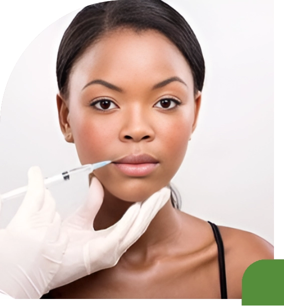 A woman receiving a cosmetic lip injection.