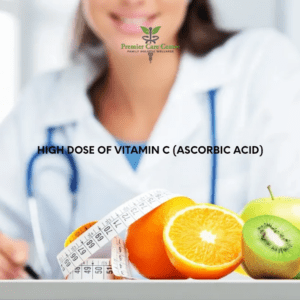 A doctor holding a vitamin C supplement with fresh fruits in the foreground.