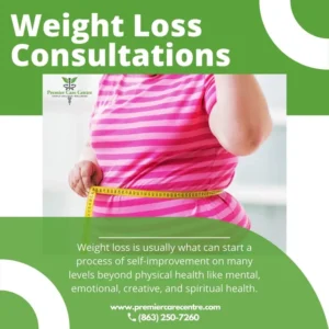 Weight loss consultation advertisement with a person measuring their waist.
