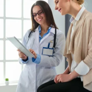 Female doctor showing patient information on a tablet.