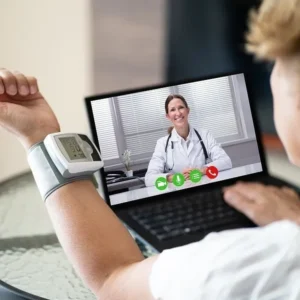 Person having a virtual doctor consultation with a smartwatch.