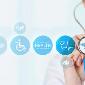 A doctor holding a stethoscope with health icons floating around.