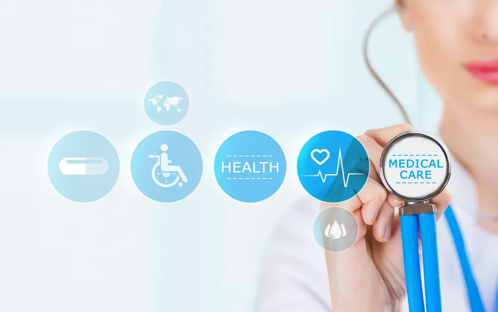 A doctor holding a stethoscope with health icons floating around.