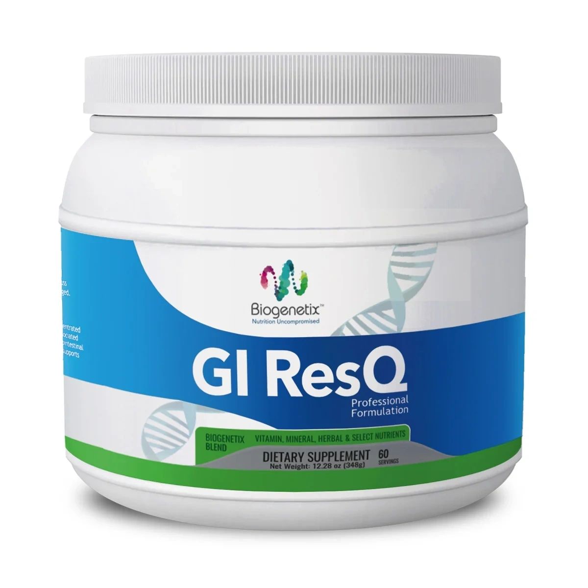 A white container of GI ResQ supplement with blue and green label.