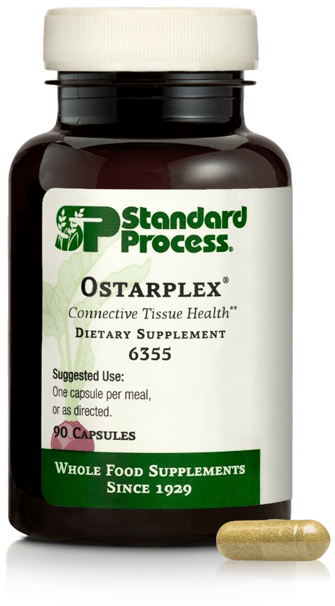 A bottle of Standard Process Ostarplex dietary supplement with 90 capsules.