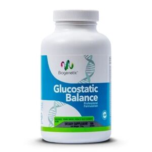 A bottle of Glucostatic Balance dietary supplement.