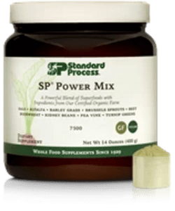 A jar of SP Power Mix supplement with a scoop beside it.