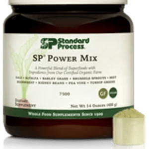 A jar of SP Power Mix supplement with a scoop beside it.