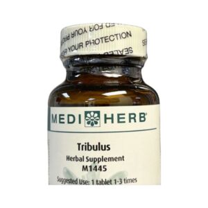 A small brown bottle of Medi Herb Tribulus herbal supplement.