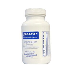 A white bottle of Pure Encapsulations Magnesium supplement.
