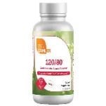 A bottle of 120/80 blood pressure supplement capsules.