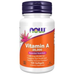 Bottle of NOW Vitamin A 25,000 IU softgels.