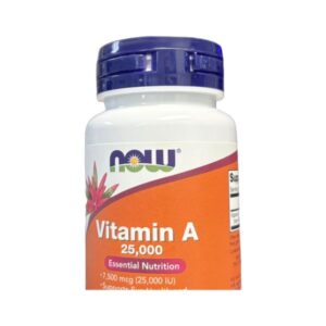 A bottle of NOW Vitamin A supplement with 25,000 IU.