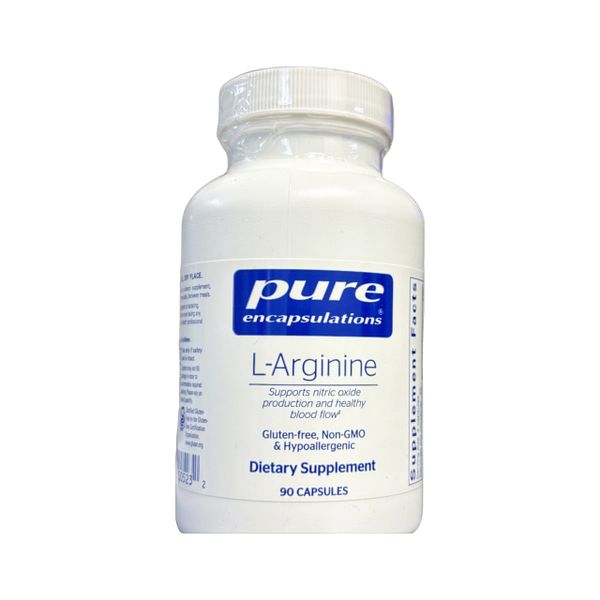 A bottle of Pure Encapsulations L-Arginine dietary supplement.