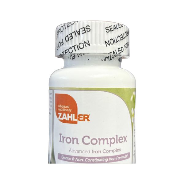A bottle of Zahler Iron Complex dietary supplement.