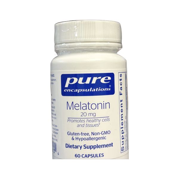 A bottle of Pure Encapsulations Melatonin dietary supplement with 60 capsules.