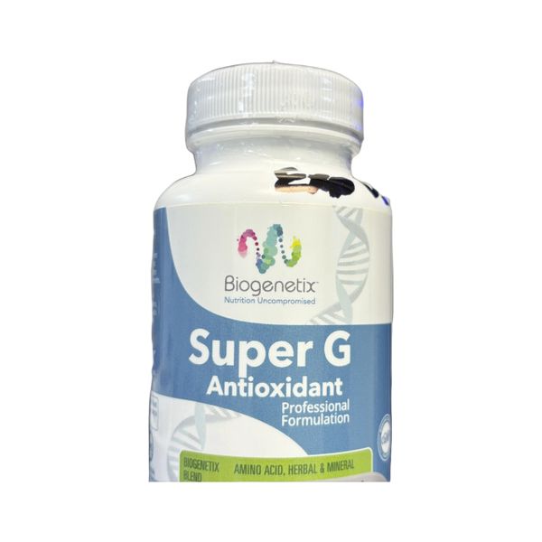 A bottle of Super G Antioxidant supplement by Biogetica.