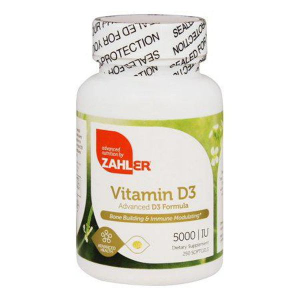Bottle of Zahler Vitamin D3 5000 IU capsules.