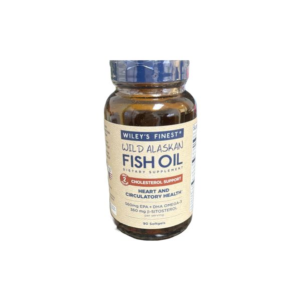 A bottle of fish oil supplement with a blue cap.
