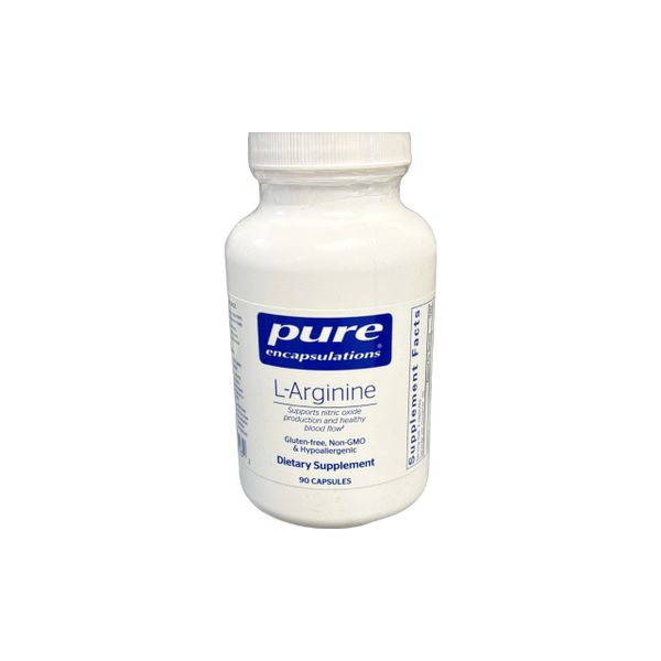 A white bottle of Pure Encapsulations L-Arginine supplement.