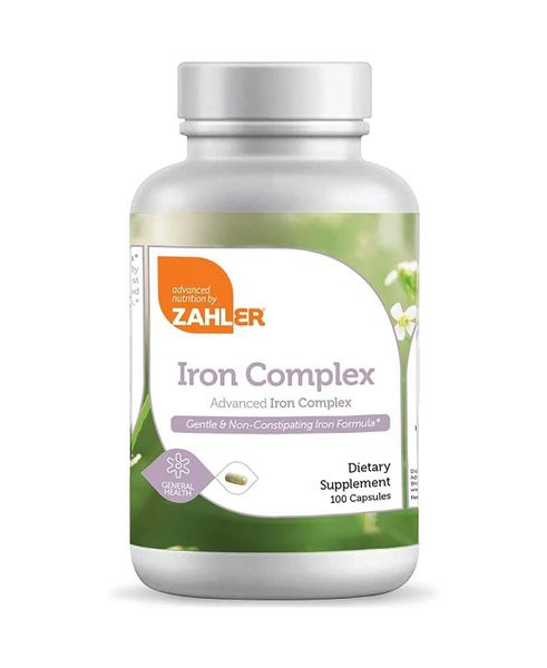 Bottle of Zahler Iron Complex dietary supplement with natural iron support.