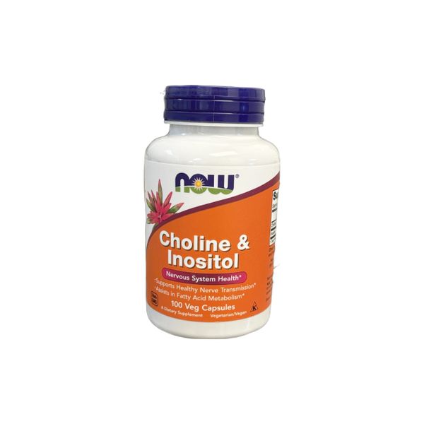 A bottle of NOW Choline & Inositol supplement.