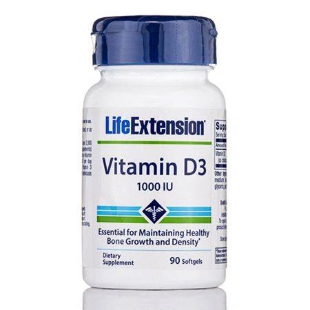 Bottle of Life Extension Vitamin D3 supplement with 1000 IU.