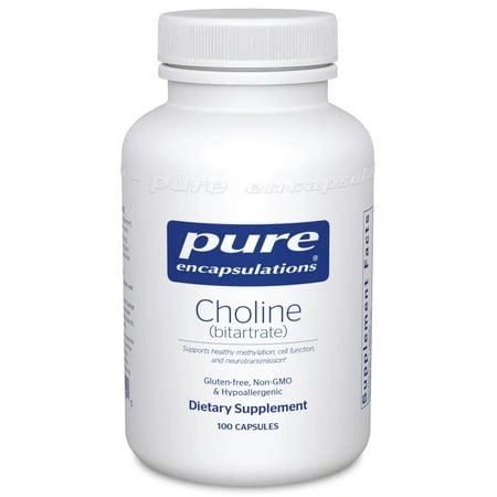A bottle of Pure Encapsulations Choline supplement.