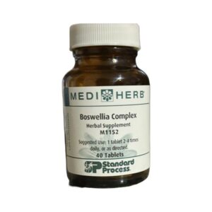 A brown bottle of Boswellia Complex herbal supplement with a white cap.