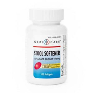 A bottle of stool softener capsules from GeneCare.