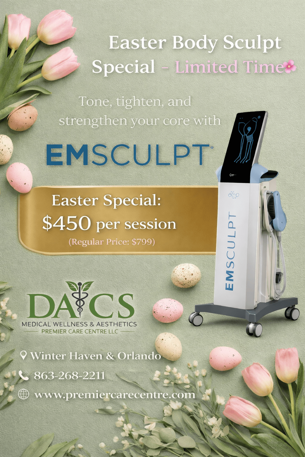 Easter EMSculpt body sculpting special at DACS Medical Wellness & Aesthetics – $450 session promotion in Winter Haven and Orlando